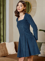 Short Flare Dress with cut-out back in Blue corduroy