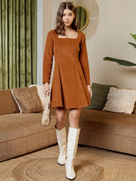 Short Flare Dress with cut-out back in Brown corduroy