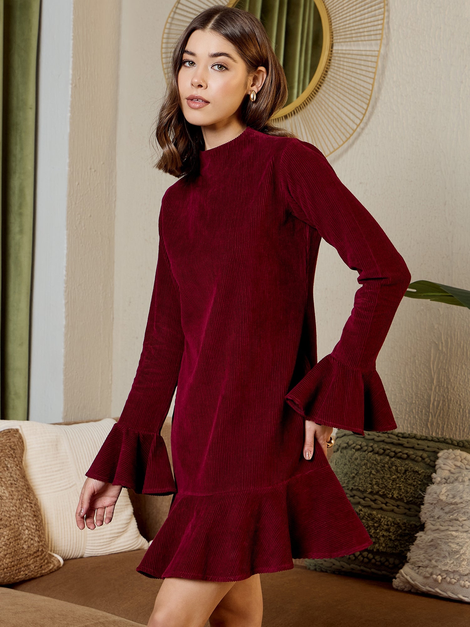 High neck mini dress  in Burgundy corduroy