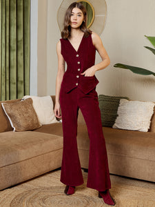 Waist Coat and Bell bottom Pants in Burgundy corduroy