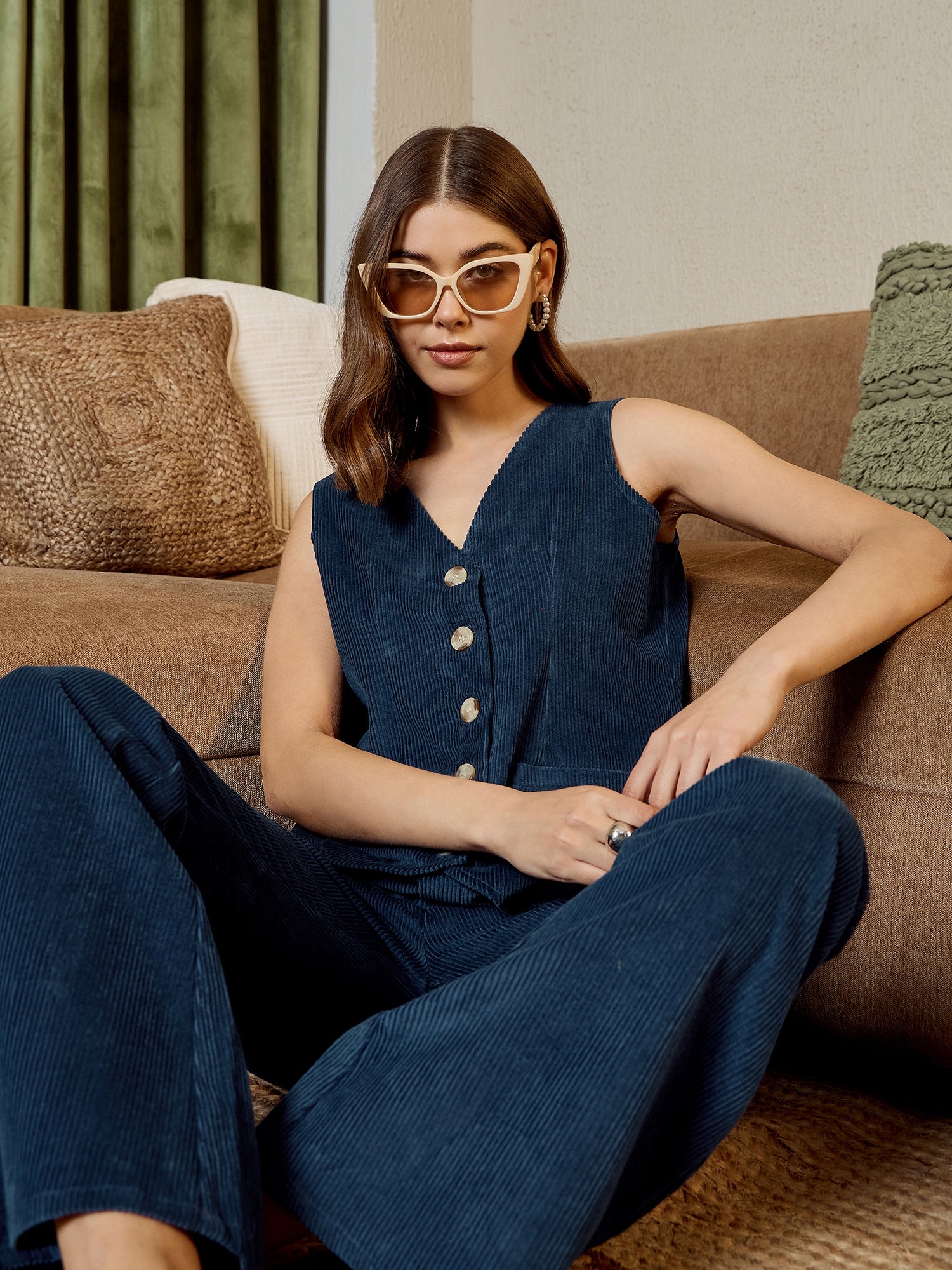 Waist Coat and Bell bottom Pants in Blue corduroy