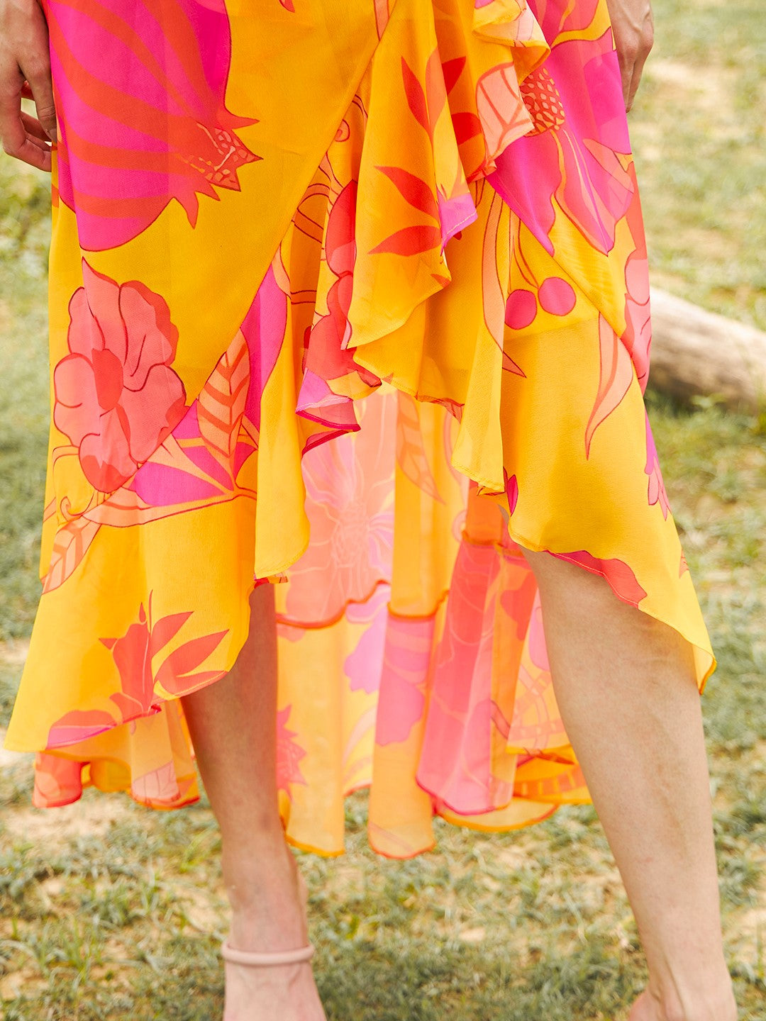 Overlap Frill Asymmetric Dress in Yellow Color