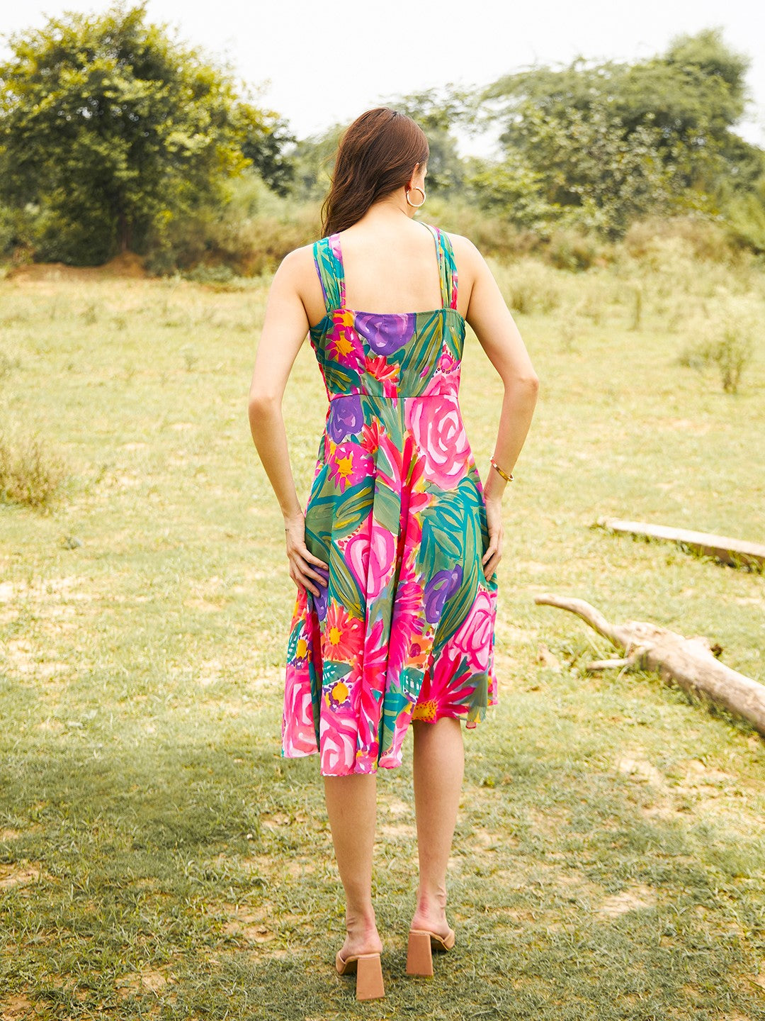 Draped neck midi dress in Pink and Green Print