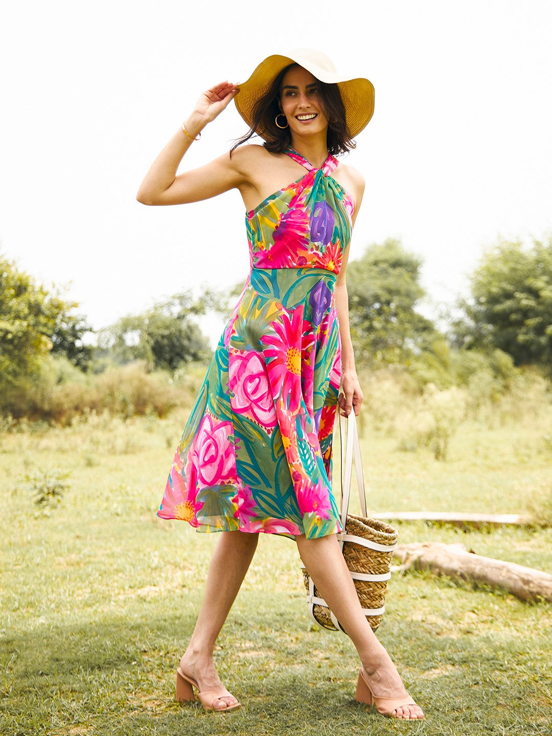 Draped neck midi dress in Pink and Green Print