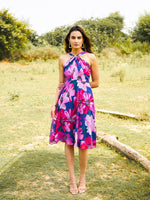 Draped neck midi dress in Blue and Pink Print