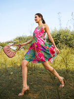 Back tie spaghetti Dress in Pink and Green Print