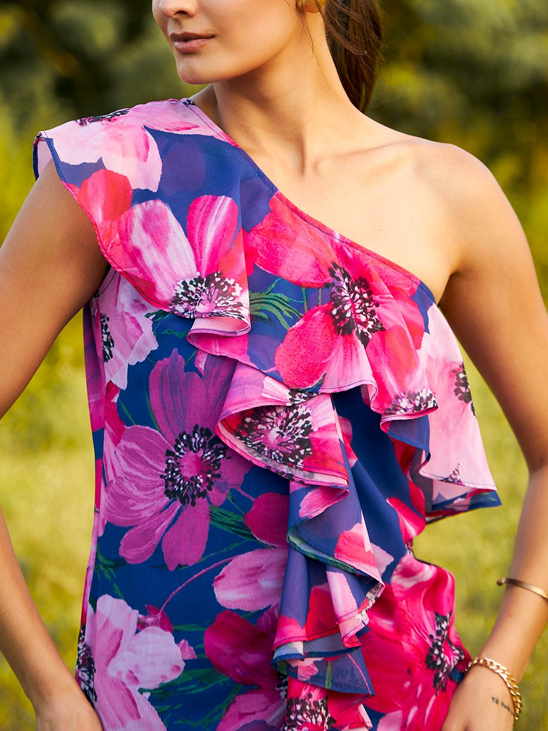 One shoulder Frill Top in Blue and Pink Print