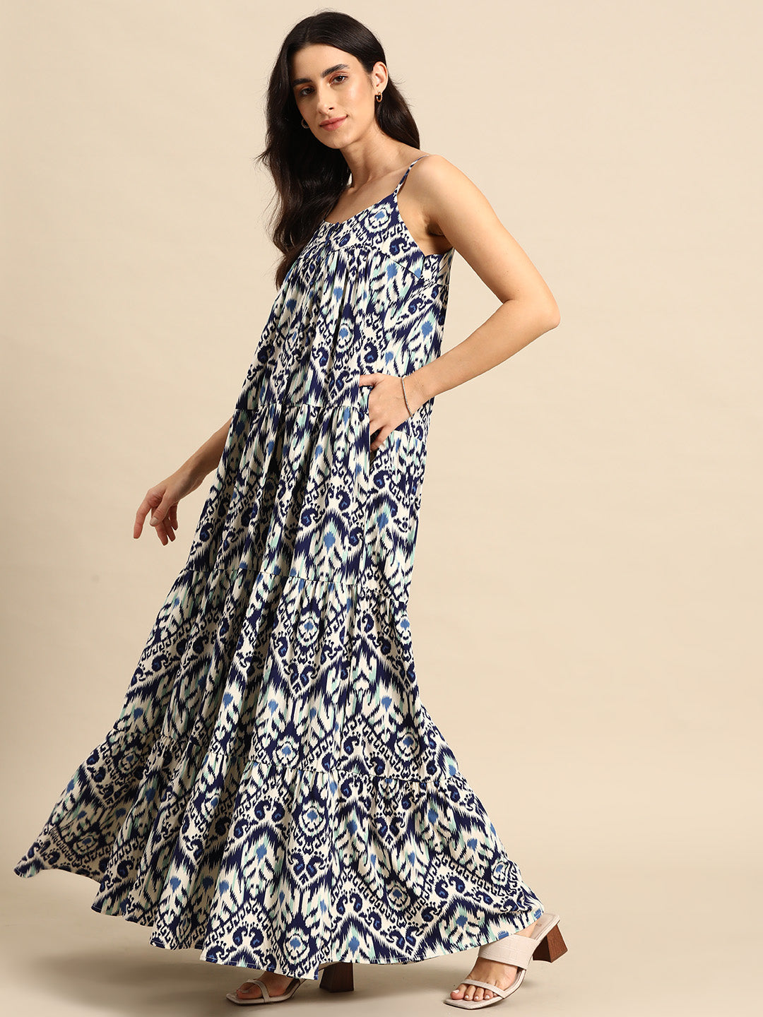 Tiered maxi Dress in Blue Ikkat Print