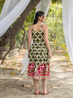 Strappy Box Pleat Midi Dress with Green and white big border print