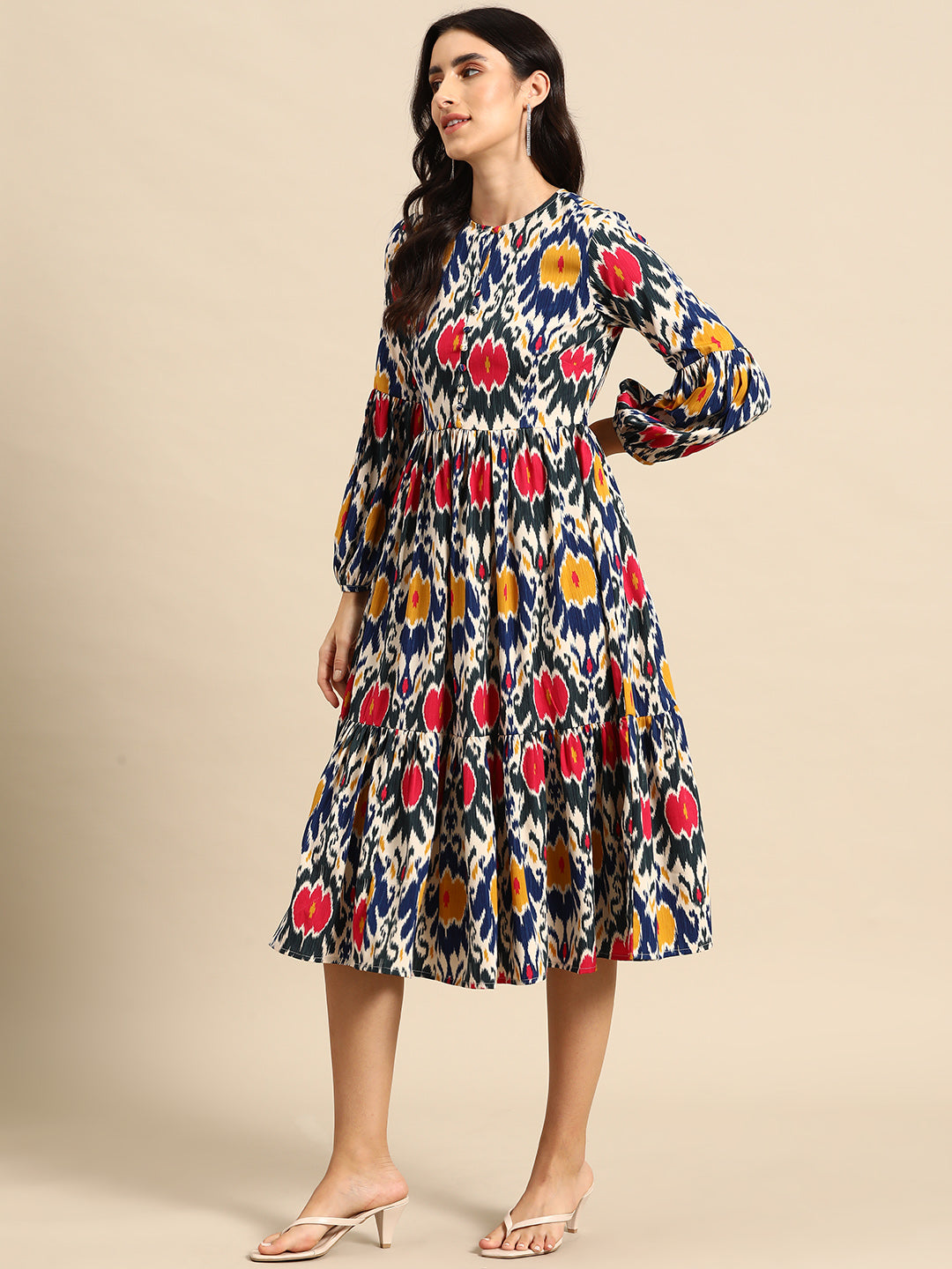 Midi Layered dress with balloon sleeve in Blue and Pink Ikkat Print
