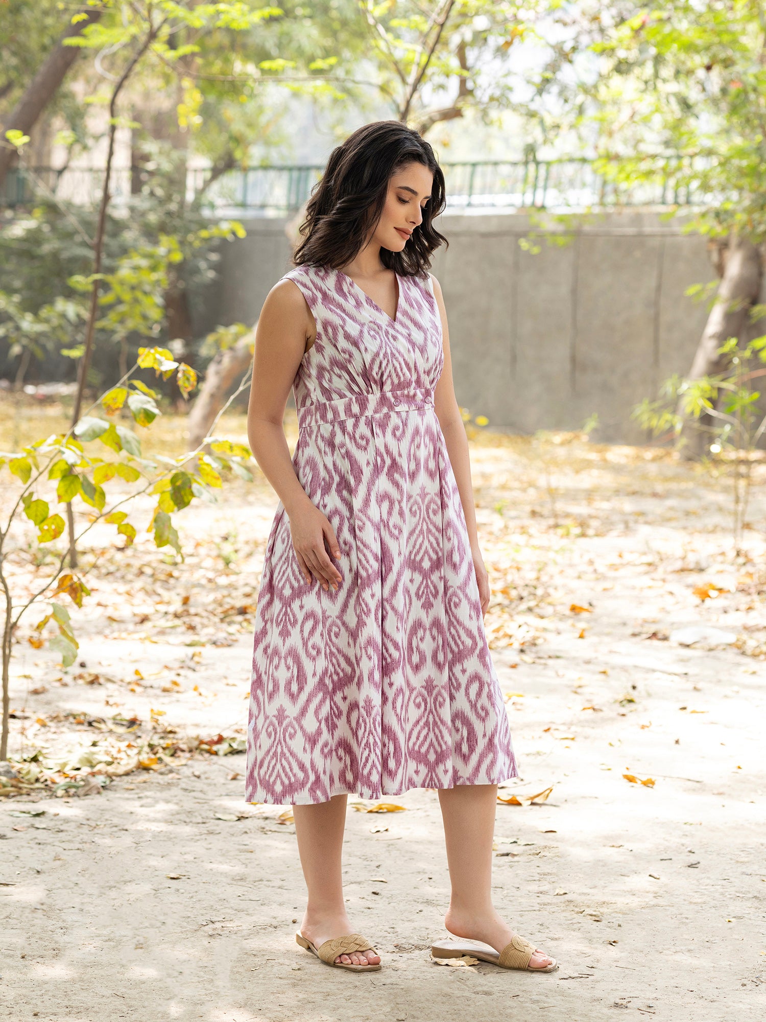 Overlap neck Midi Dress with IKKAT print in Mauve