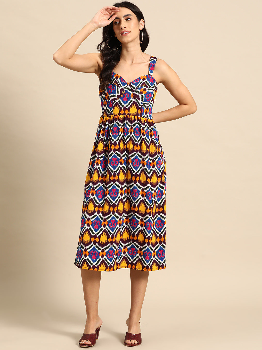 Corset Top Midi Dress in Multi color Ikkat Print