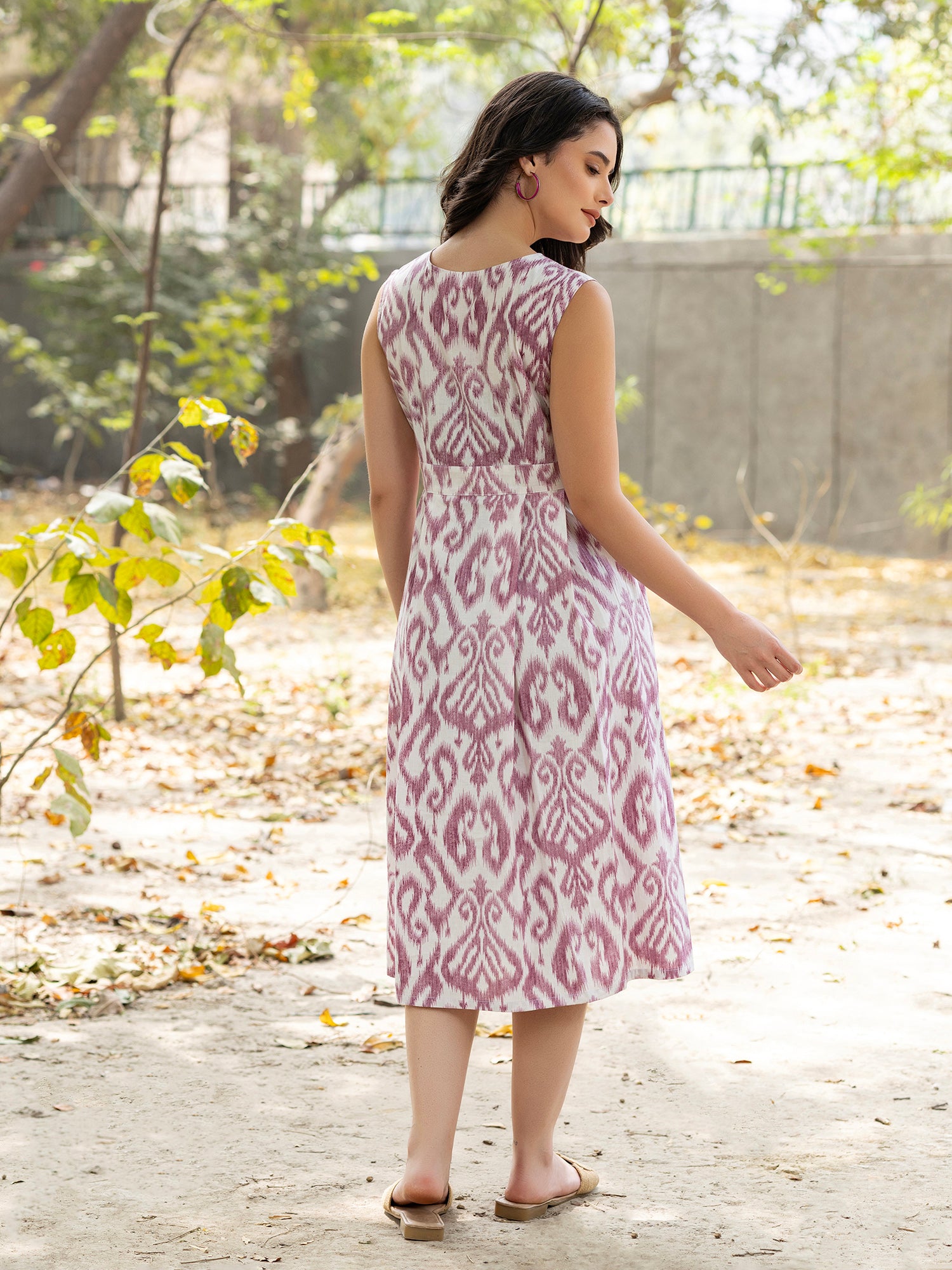 Overlap neck Midi Dress with IKKAT print in Mauve