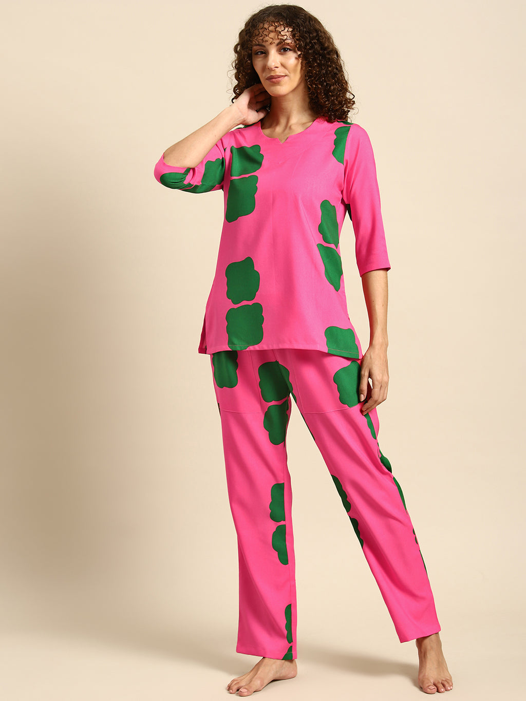 Kurta Pyjama nightwear Set in Pink Color Print