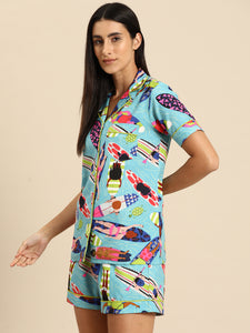 Shirt Shorts nightwear set in Aqua Blue Print