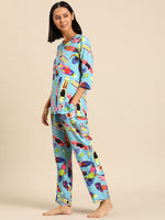 Kurta Pyjama nightwear Set in Aqua Blue Print