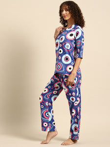 Kurta Pyjama nightwear Set in Blue Evil Eye Print