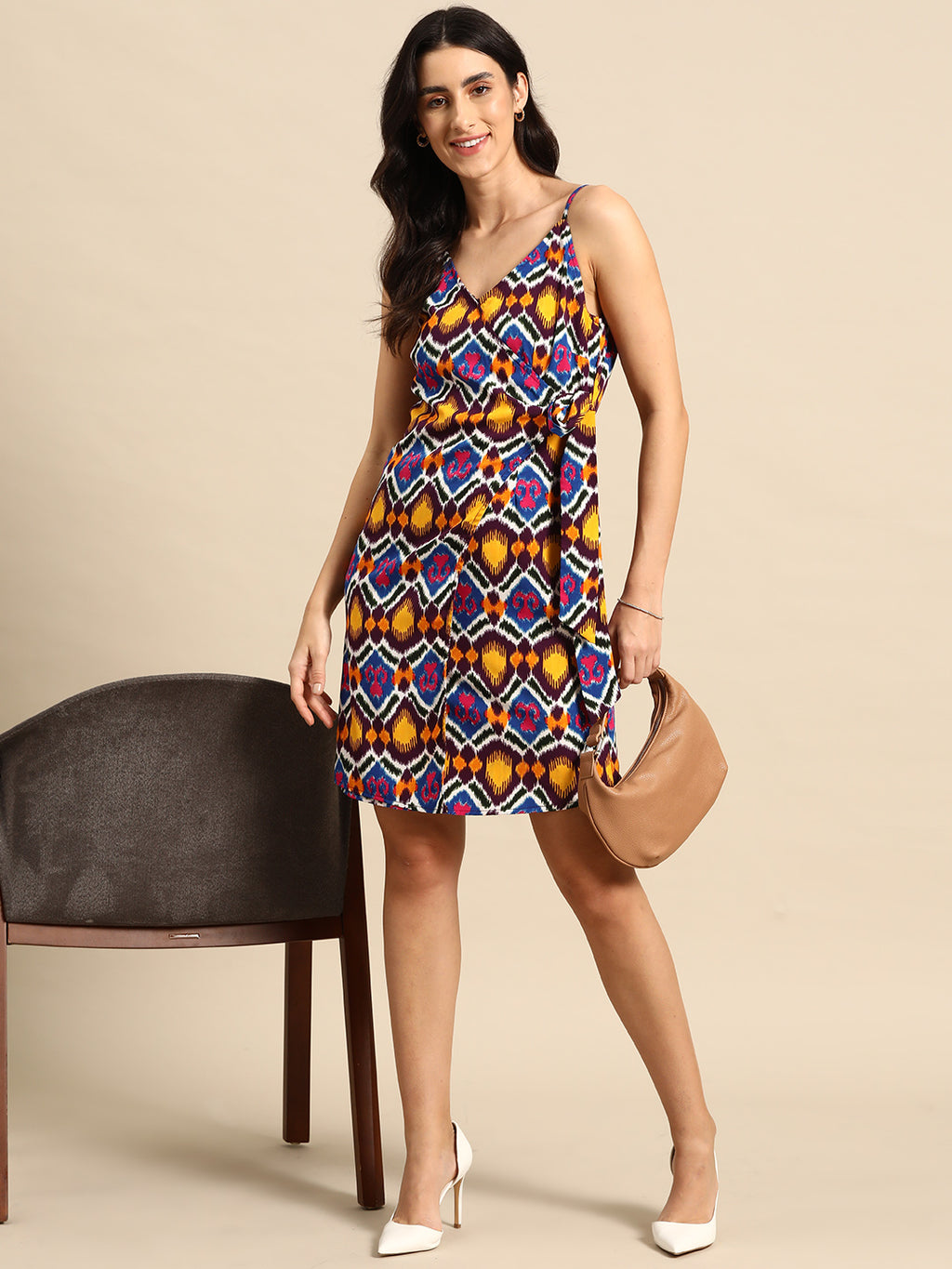 Overlap Mini Dress with side tie up in Multi color Ikkat Print