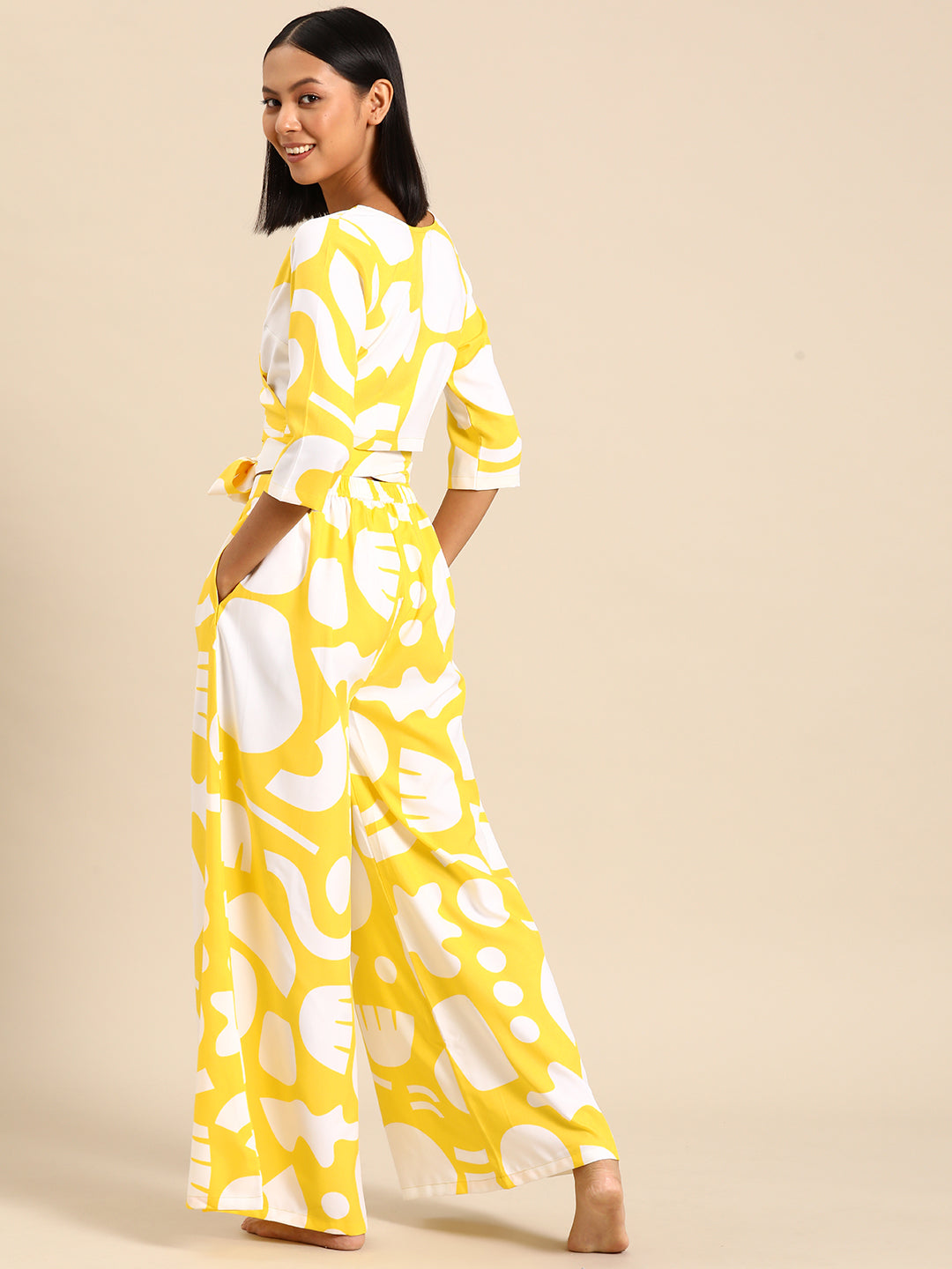 Overlap crop top with flare pyjama set in Yellow Print