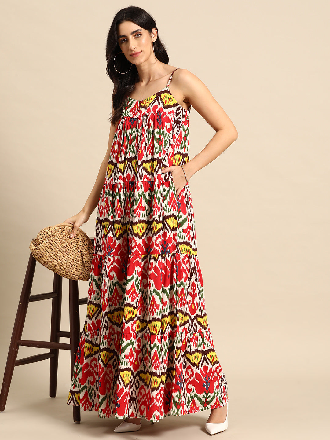 Tiered maxi Dress in Red and Cream Ikkat Print