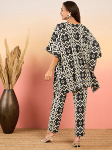 Anti Fit Kaftan Top with Pants in Black and Cream Ikkat Print