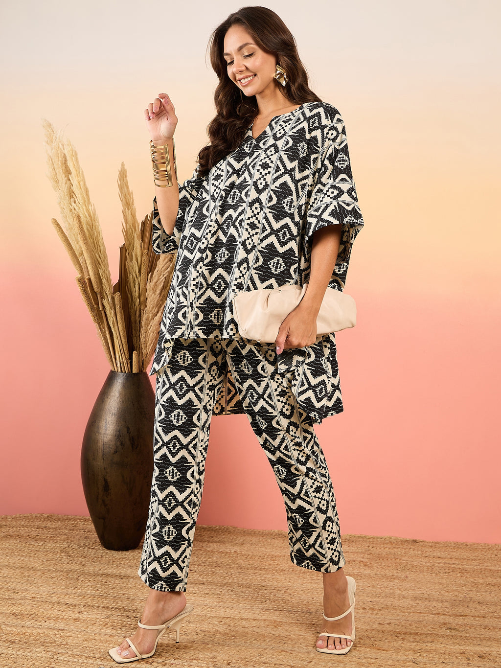 Anti Fit Kaftan Top with Pants in Black and Cream Ikkat Print