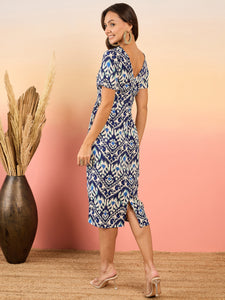 Pencil fit printed Midi Dress with back slit in Blue Ikkat Print