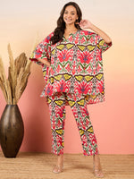 Anti Fit Kaftan Top with Pants in Red and Cream Ikkat Print
