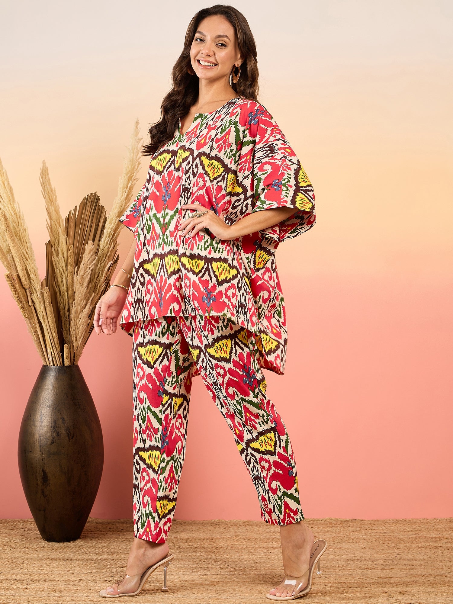 Anti Fit Kaftan Top with Pants in Red and Cream Ikkat Print
