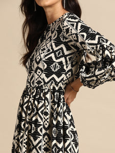 Midi Layered dress with balloon sleeve in Black and Cream Ikkat Print