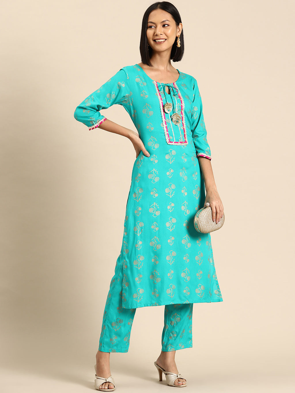 Kurta Pyajama with gota work in Mint Blue Print