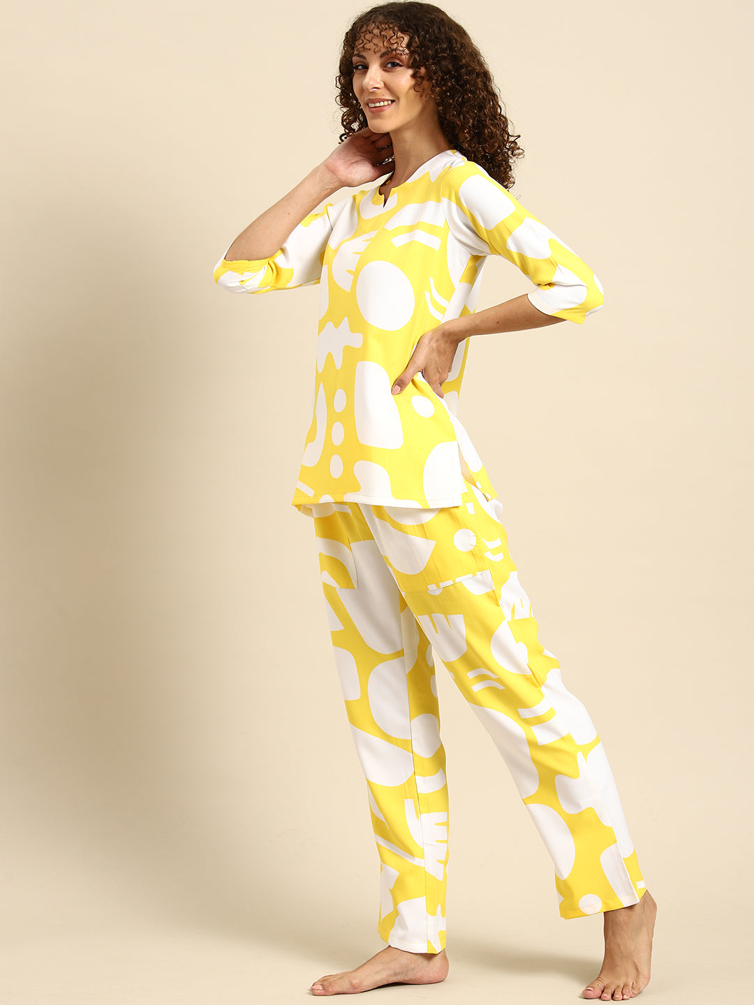 Kurta Pyjama nightwear Set in Yellow Print