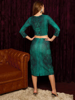 Front twist crop top with pencil skirt in Green Snake Print