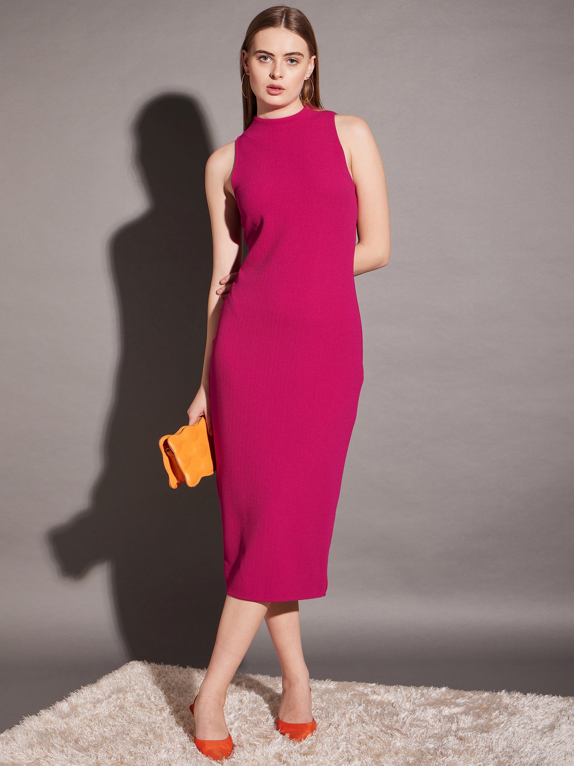 Sleeveless high neck bodycon midi dress in Pink Color