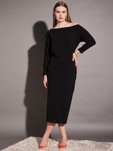 Drop shoulder fitted midi dress in Black Color