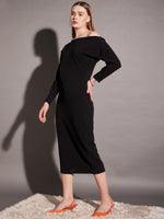 Drop shoulder fitted midi dress in Black Color