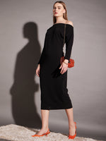 Drop shoulder fitted midi dress in Black Color