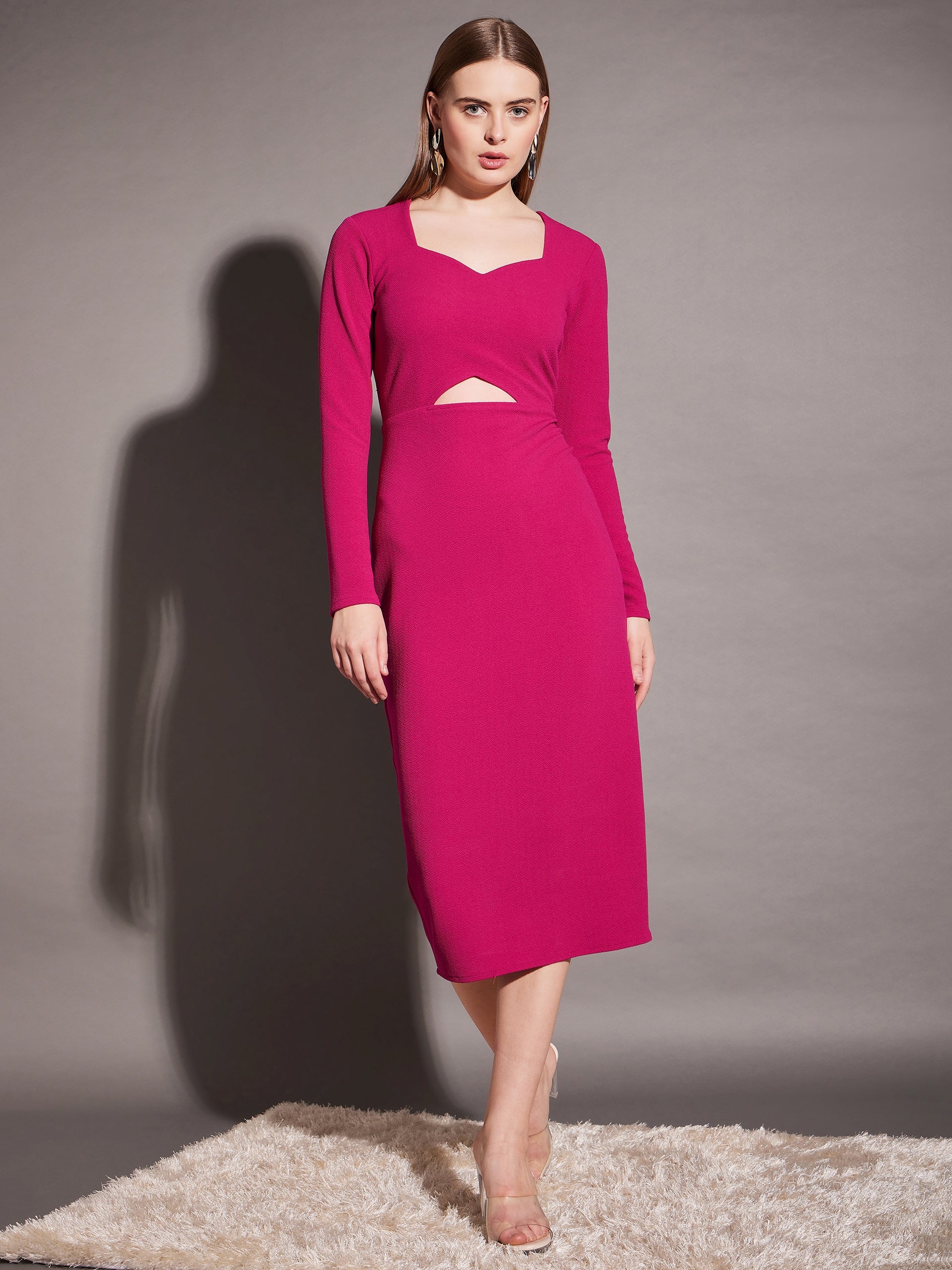 Front cut out bodycon midi dress in Pink Color