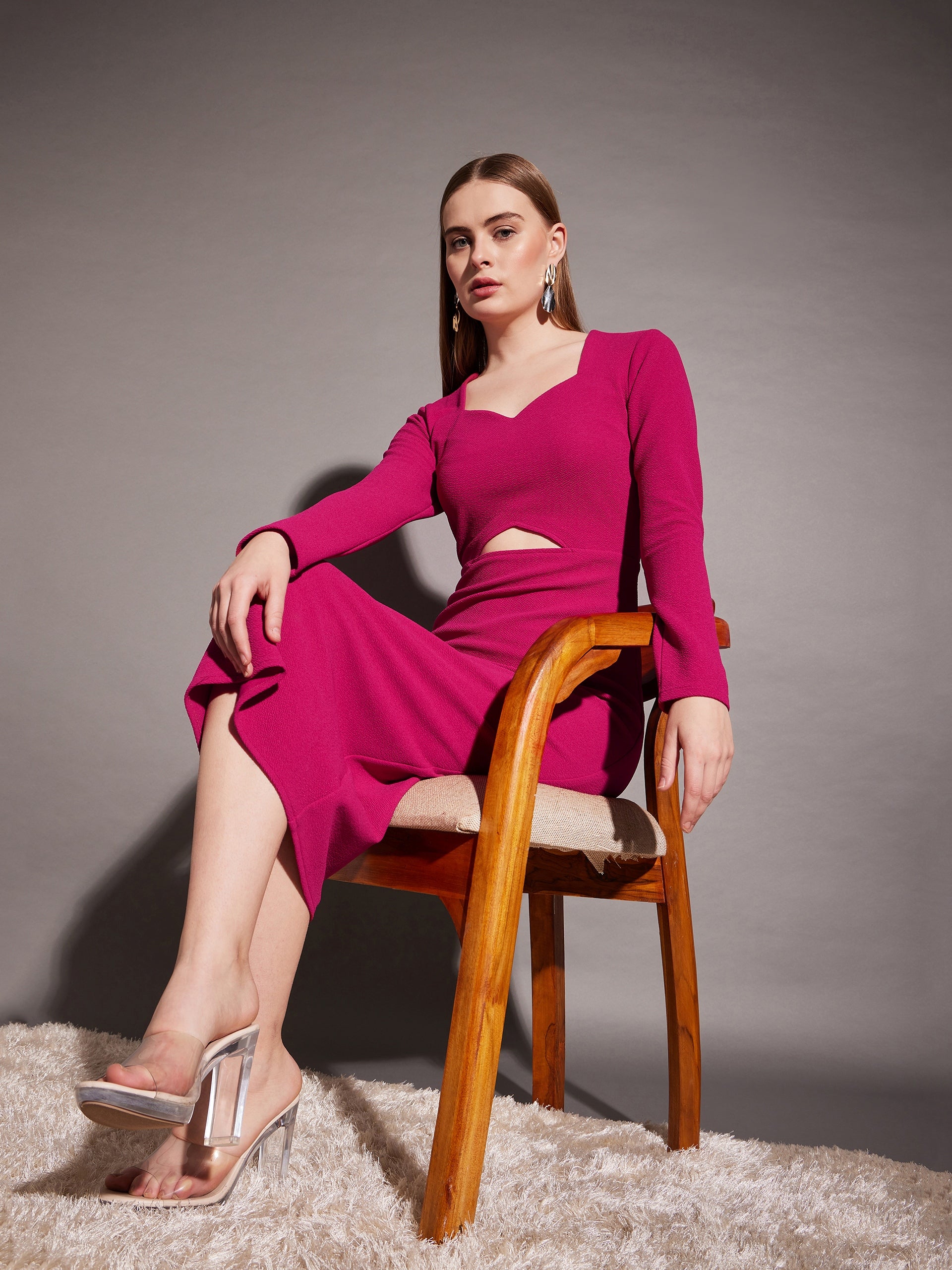 Front cut out bodycon midi dress in Pink Color
