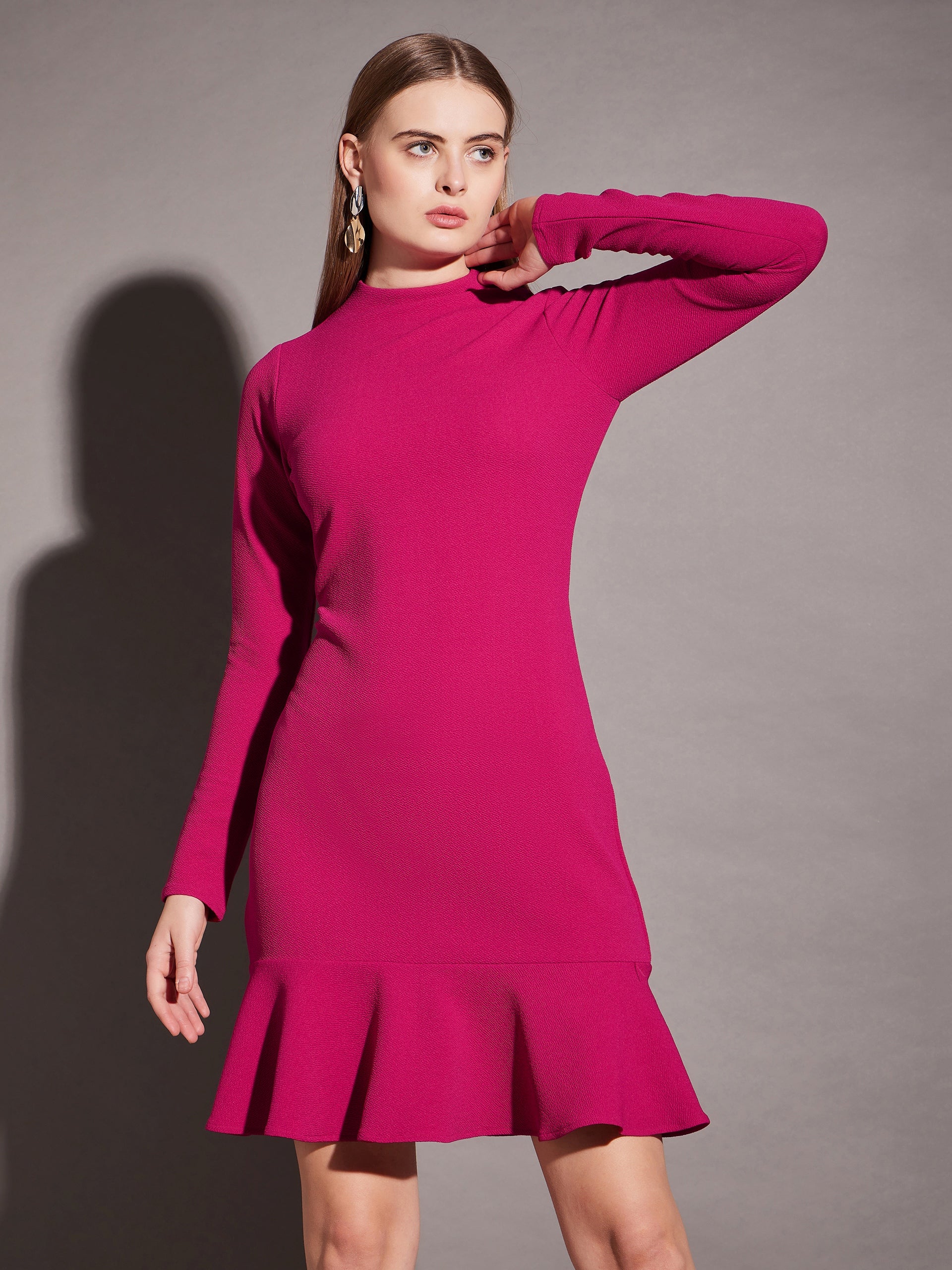 High neck mini dress with frill at bottom in Pink Color