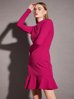 High neck mini dress with frill at bottom in Pink Color