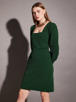 Short Bodycon Dress with balloon sleeve in Green Color