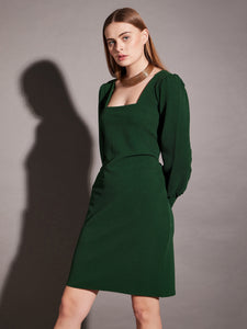 Short Bodycon Dress with balloon sleeve in Green Color