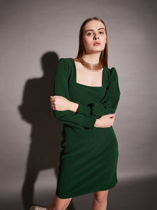 Short Bodycon Dress with balloon sleeve in Green Color