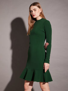 High neck mini dress with frill at bottom in Green Color