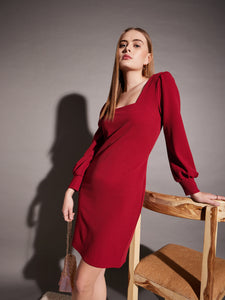 Short Bodycon Dress with balloon sleeve in Red Color