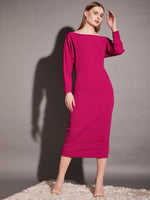 Drop shoulder fitted midi dress in Pink Color