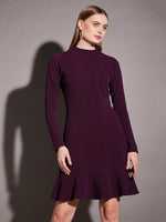 High neck mini dress with frill at bottom in Purple Color