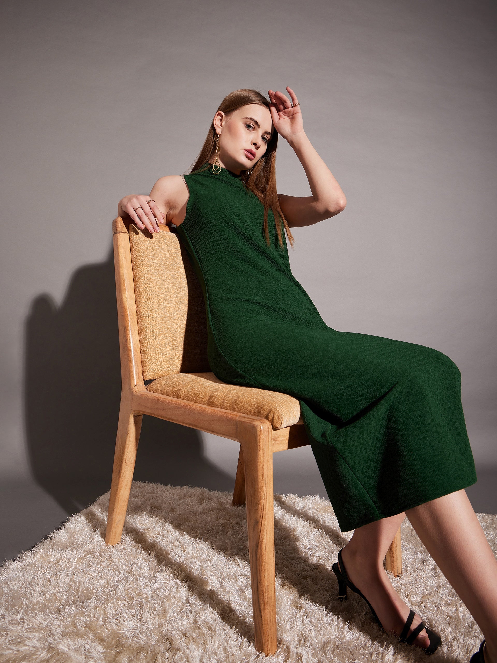 Sleeveless high neck bodycon midi dress in Green Color