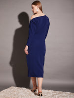 Drop shoulder fitted midi dress in Blue Color